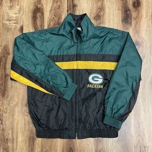 VTG NFL Pro Layer Green Bay Packers Jacket Mens Large Black Green 90s Spellout